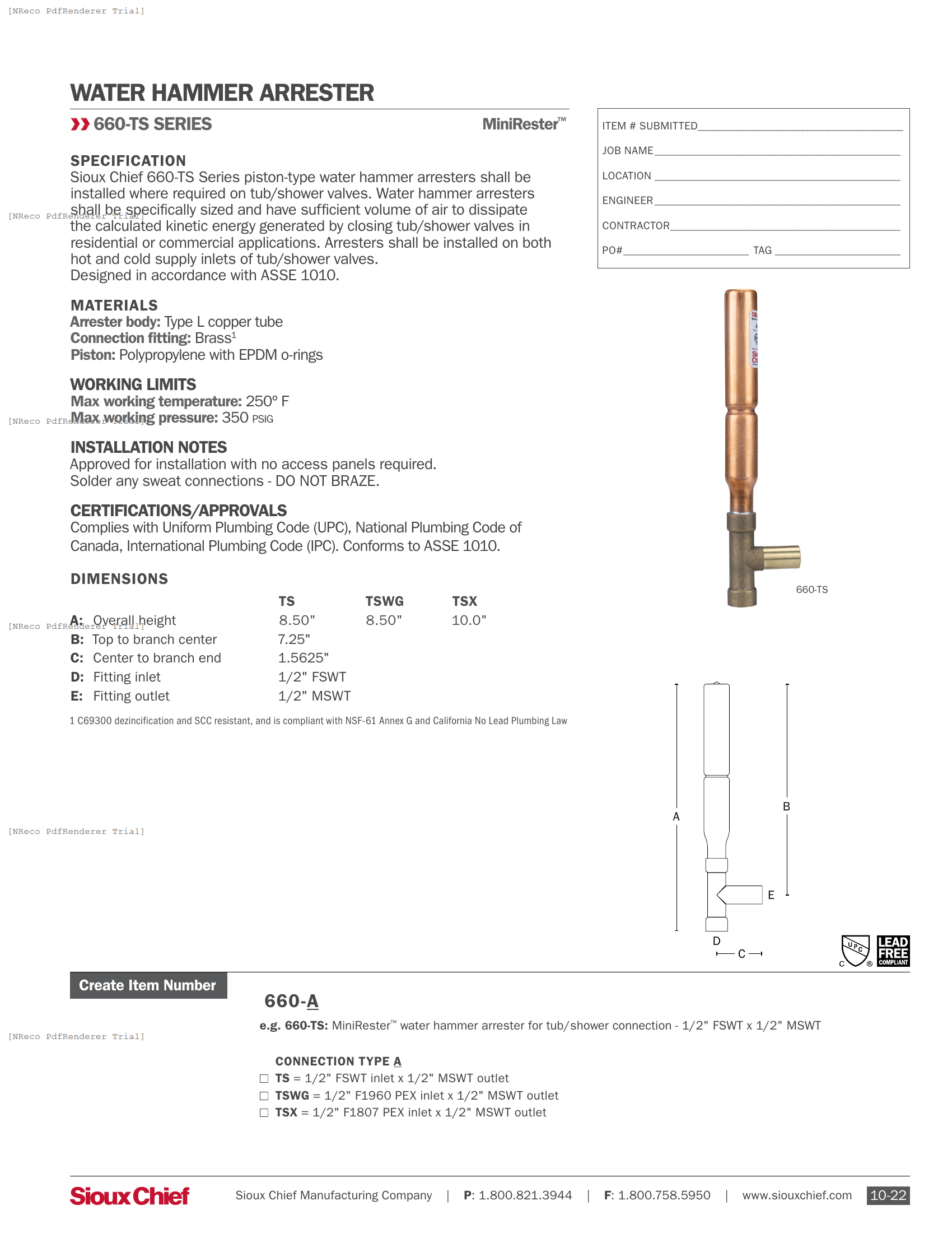 660-TS - MINIRESTER WATER HAMMER ARRESTER - SPEC SHEET.PDF Specification Document